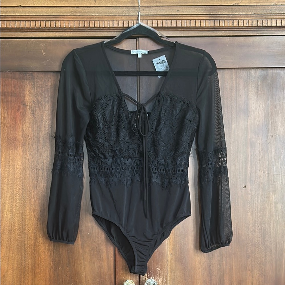 Black Lace Long Sleeve Bodysuit Dead Stock M